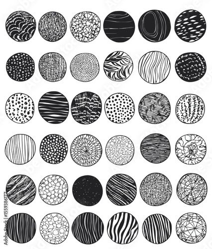 A simple black and white collection features a big set of round geometric Maori border frames, influenced by the styles of African, Maya, Aztec, ethnic, and tribal art