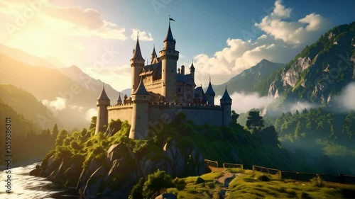 Wallpaper Mural Majestic castle towers on a verdant hilltop overlooking a serene river against a backdrop of mountains and clear skies. Torontodigital.ca