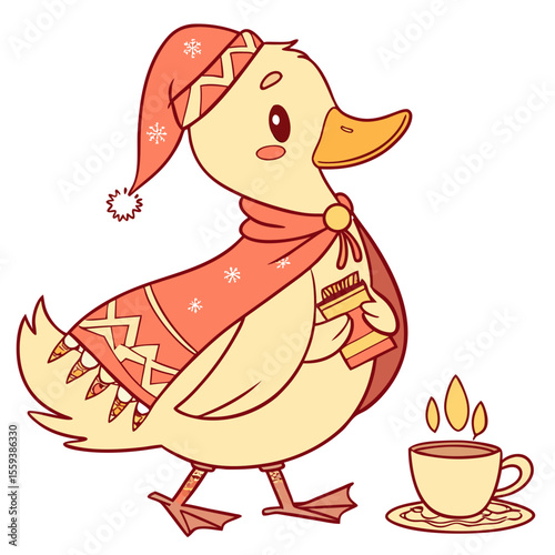 Cute Playful Duck, accessorized with wearing a cape, in a Christmas world – Warm Cozy palette vector