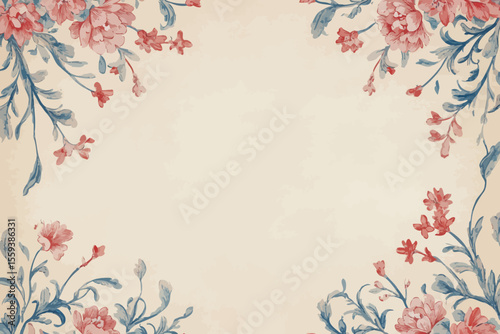 The design features a hand drawn floral pattern with pink flowers, branches, and leaves, set against a seamless wallpaper background with a decorative border, blending vintage ethnic and modern
