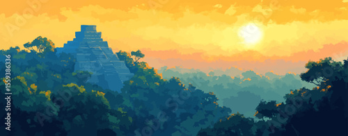A modern flat isolated illustration features a Mayan pyramid protruding from the dense jungle canopy in minimalistic style