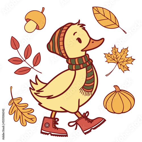 Charming SVG of a Cheerful Duck featuring with a scarf, styled in a Autumn theme with Autumn Leaves hues