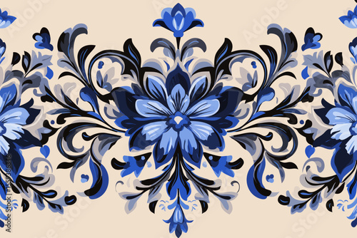 The modern illustration of a tapestry floral pattern includes hand drawn elements such as flowers, branches, and leaves, arranged in a boho design on a seamless wallpaper background with a border