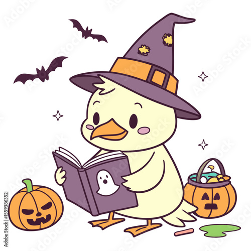 Charming SVG of a Bashful Duck featuring reading a book, styled in a Halloween theme with Spooky Fun hues