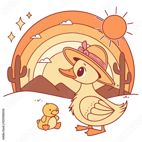 Creative SVG: Peaceful Duck with with a stuffed animal in a Sundown Glow colored Desert sunset theme