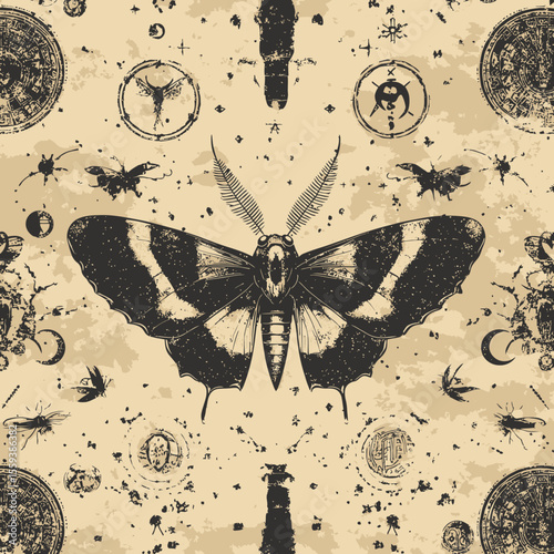 A beige background serves as the foundation for a seamless modern pattern that combines a death's head butterfly with a zodiac circle, constellations, and ancient runes