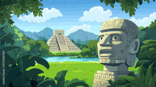 In a valley with green grass and rocky mountains, the ancient Mayan civilization's stone head sculptures stand as ruins, reinterpreted through cartoon modern Aztec culture and archaeological