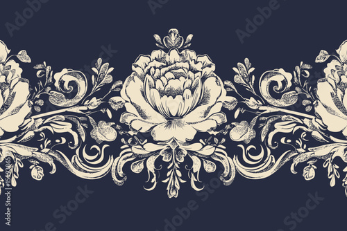 The ethnic motif from Denmark features a seamless vintage floral pattern embroidery with Ikat texture, showcasing white flowers on a blue indigo background, blended with an abstract modern Aztec