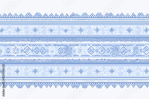 The background of this modern illustration is blue and white, complementing its geometric ethnic oriental pattern
