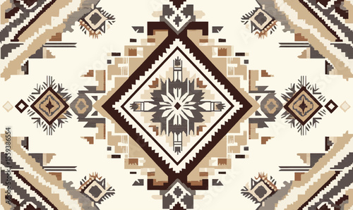 Navajo tribal design is showcased in this modern seamless pattern, which incorporates Native American ornament, ethnic South Western decor style, and boho geometric elements, similar to those found