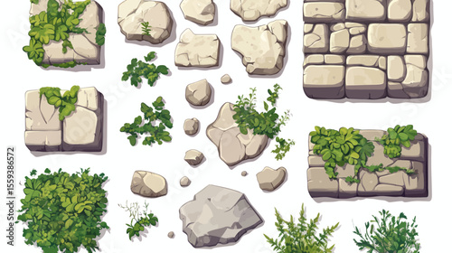Modern cartoon illustrations of jungle game UI elements, including stone textures, green liana vines, and tropical plant leaves, are offered as part of a set that also includes empty signboards, menu