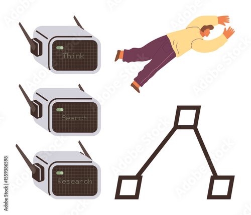 AI devices labeled Think, Search, Research alongside floating person and interconnected graphic shape. Ideal for technology, AI, brainstorming, innovation, problem-solving, future creativity themes