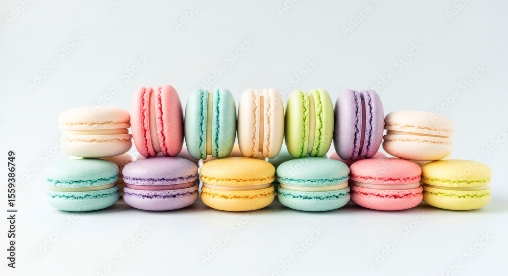 Obraz premium Assortment of colorful macarons stacked in two rows on a white surface with a bright and clean background