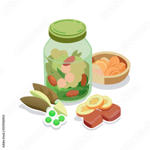 Assorted Pickled Ingredients in a Jar with Olive Leaves and Dried Fruits for Culinary Blogs, Healthy Recipes, Food Preservation, and Gourmet Cooking Content  