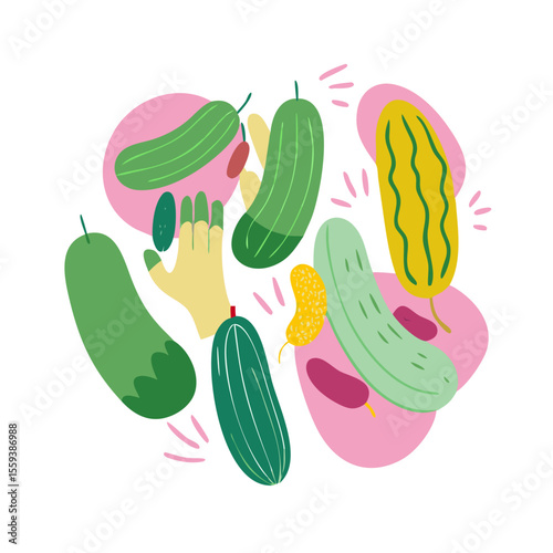 Colorful Hand-Drawn Cucumbers with Vibrant Background for Food Blogs, Nutrition Websites, Healthy Eating Content, Gardening Articles, and Culinary Social Media Posts  