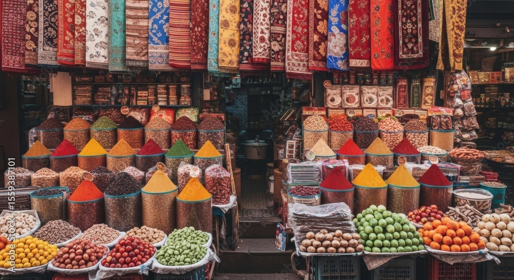 Fototapeta premium View of a spice market stall with colorful spices and dried fruits under hanging textiles at a bazaar