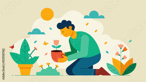 Illustration of a person gardening with sensory details like the smell of flowers the sound of birds and the feel of soil on their hands.. Vector illustration