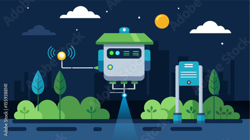 A smart fertilizer dispenser in action during the night utilizing advanced sensors and LED lights for 247 operation.. Vector illustration