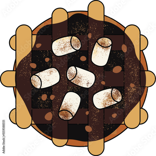 Vector illustration of delicious chocolate marshmallow waffle topped with rich, dark chocolate sauce, toasted marshmallows, and a crisscross pattern resembling a lattice crust.