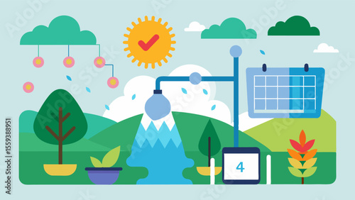 An AIpowered irrigation scheduling system that considers both weather prediction and historical data to optimize watering times for maximum efficiency.. Vector illustration