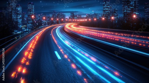 Night city highway with glowing light trails