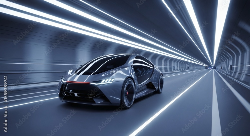 Naklejka premium Futuristic car speeding through a tunnel with bright white lights illuminating the interior space around it