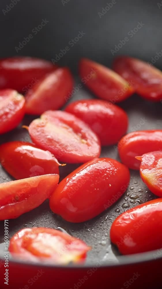 Cherry tomatoes halved and fried on a hot pan. Close-up shot Cherry tomatoes halved and fried on a hot pan. Close-up shot
