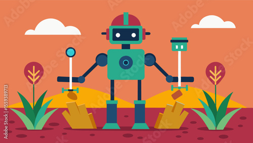 An illustration of a robot with multiple arms using specialized sensors to collect samples of soil from various locations in a field.. Vector illustration