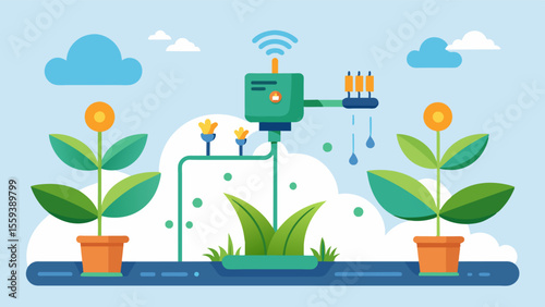 A smart irrigation system incorporates data from AI fertilization algorithms to ensure that plants are receiving the perfect balance of nutrients and water.. Vector illustration