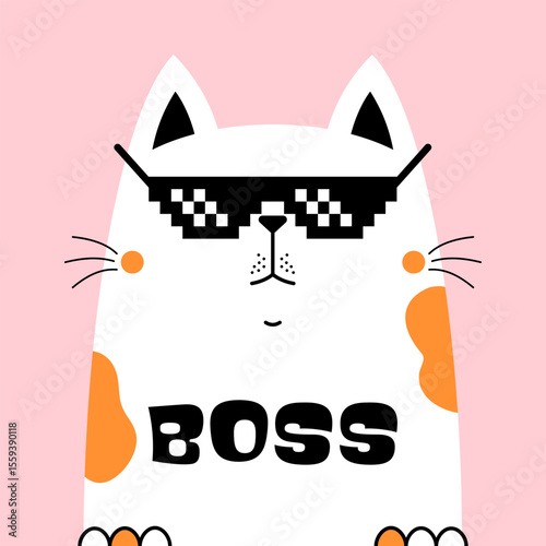 Cute with orange spotted cartoon cat wearing pixelated black sunglasses with the word "BOSS" written on its body, set against a pastel background.