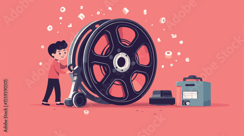 Film Reel Vacuum Character Vector Cleaning - Professional Image for Stock Photos
