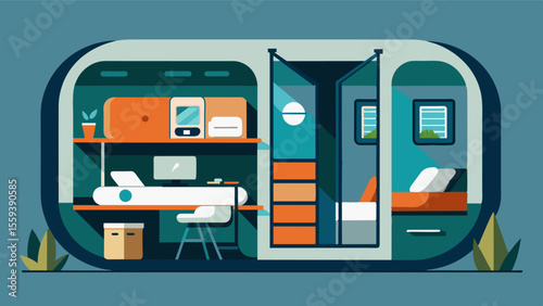 The compact space of the pod hotels chambers is optimized for maximum efficiency ideal for the onthego freelancer.. Vector illustration
