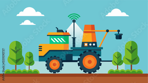 A smart fertilizer dispenser mounted on a tractor allowing for simultaneous fertilization while plowing the fields.. Vector illustration