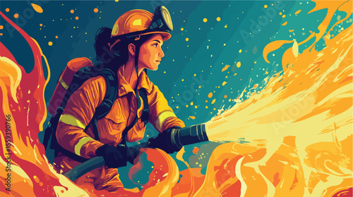 Female Firefighter Extinguishing Fire Vector Illustration