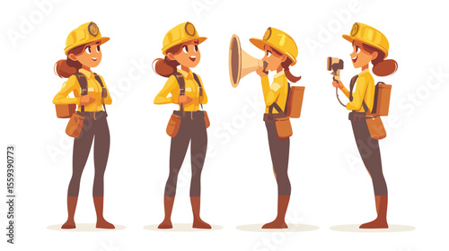 Female Firefighter with Megaphone in Flat Vector Illustration