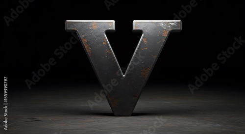 Rustic metal letter V, dark background, industrial aesthetic.