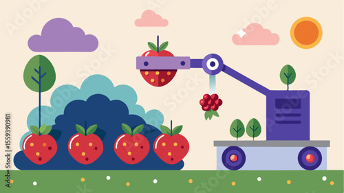 A smart berry picking system that automatically adjusts its speed and arm movements based on realtime weather conditions optimizing picking time.. Vector illustration