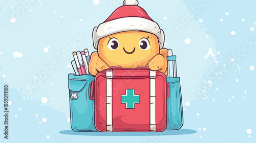 Winter Cartoon Character with First Aid Kit, Cold Weather Medical Supplies