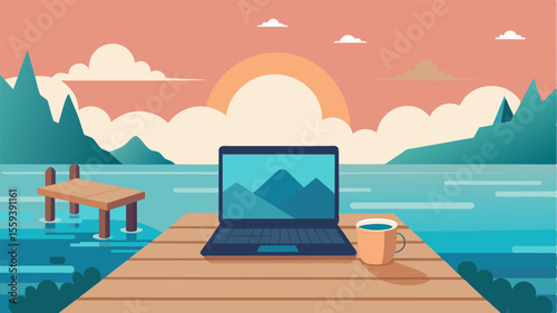 As the sound of gentle waves echoes through the air a laptop sits on a rustic dock its user taking a break from the hustle and bustle of daily life.. Vector illustration