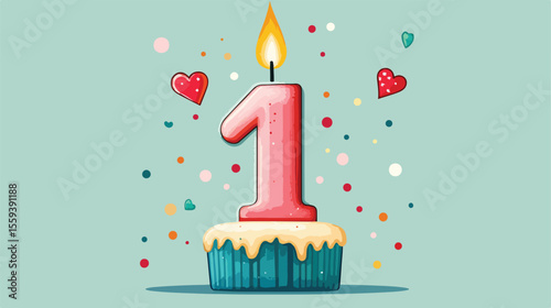 First Birthday Cake with Candle and Number Flat