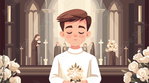 First Communion Boy Card Flat Vector Illustration