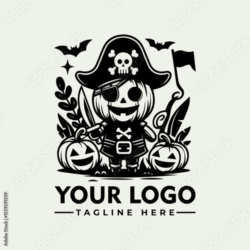 A grinning jack-o'-lantern pirate, wielding a cutlass, stands between pumpkins, flanked by bats and foliage.