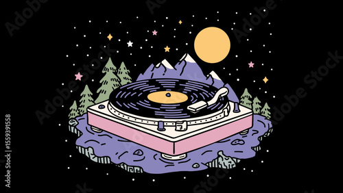 Retro turntable island illustration with mountains moon and stars Pink turntable on a dark purple base