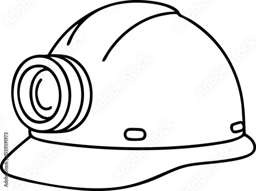 Mining helmet with front lamp safety equipment outline vector illustration 