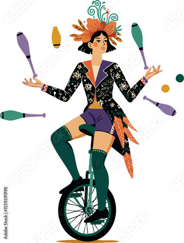 Female juggler on unicycle with colorful clubs in dynamic performance art vector illustration 