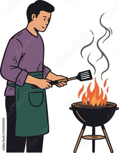 Man grilling barbecue outdoors cooking fire flame smoke vector illustration 