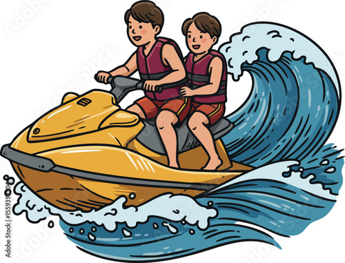 Boys riding yellow jet ski on blue ocean waves summer water sports vector illustration 