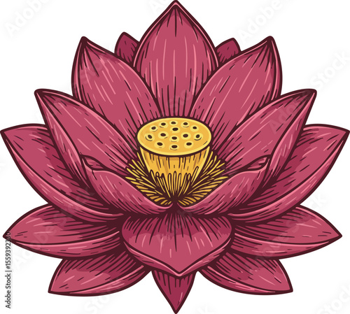 Red lotus flower detailed vector illustration with yellow center petals natural design 