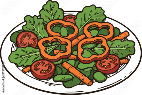 Fresh vegetable salad with tomatoes carrots lettuce and peppers on white plate vector illustration 