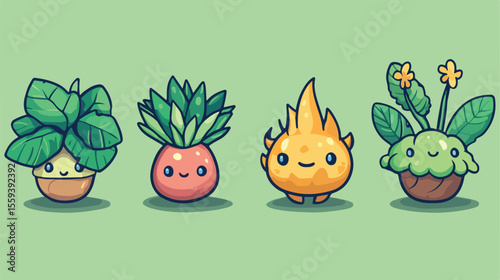 Cute Kawaii Plants Icons Flat Vector Illustration